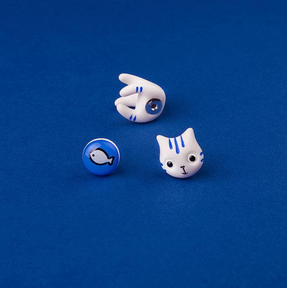 Catmade原创设计师特色手绘软陶清新可爱海军蓝小猫动物耳钉耳饰