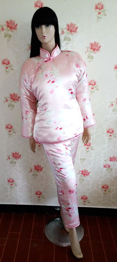 粉红印花丝绸复古中式古典连袖大襟唐装棉袄棉裤手工定做