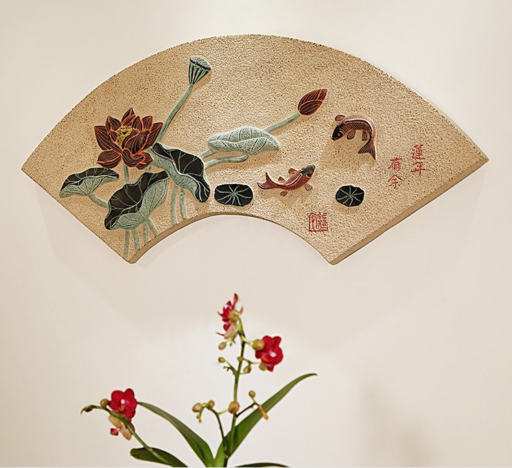 中式荷花鲤鱼挂件年年有鱼复古家居装饰工艺品走廊玄关背景墙壁饰