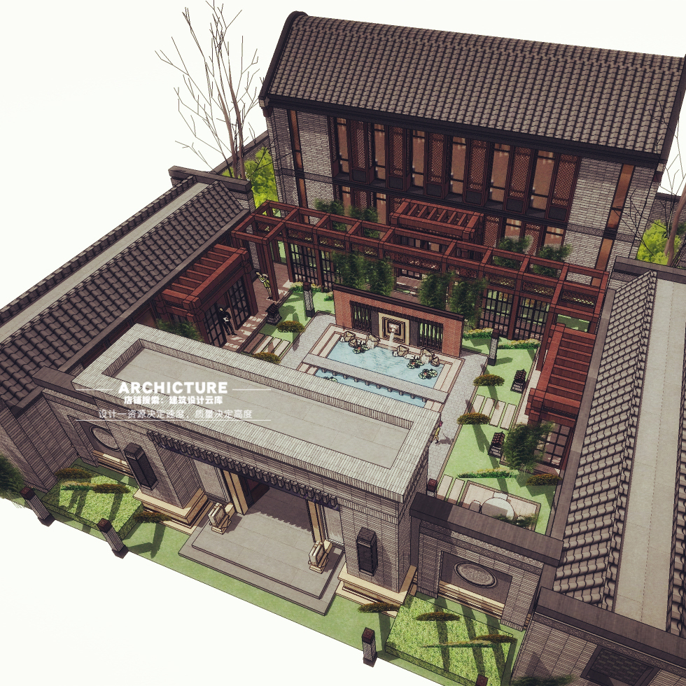 su素材中式古典两层别墅自建房住宅青砖回廊式带景观坡屋/su模型