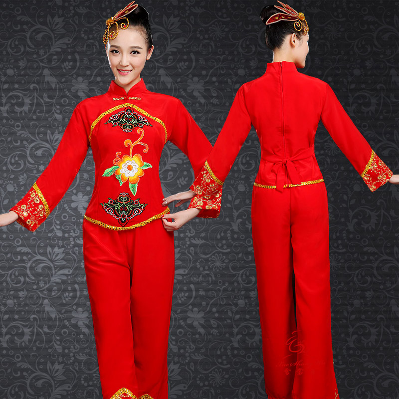 新款东北民族舞蹈红色大秧歌舞服装中老年演出服女腰鼓广场舞