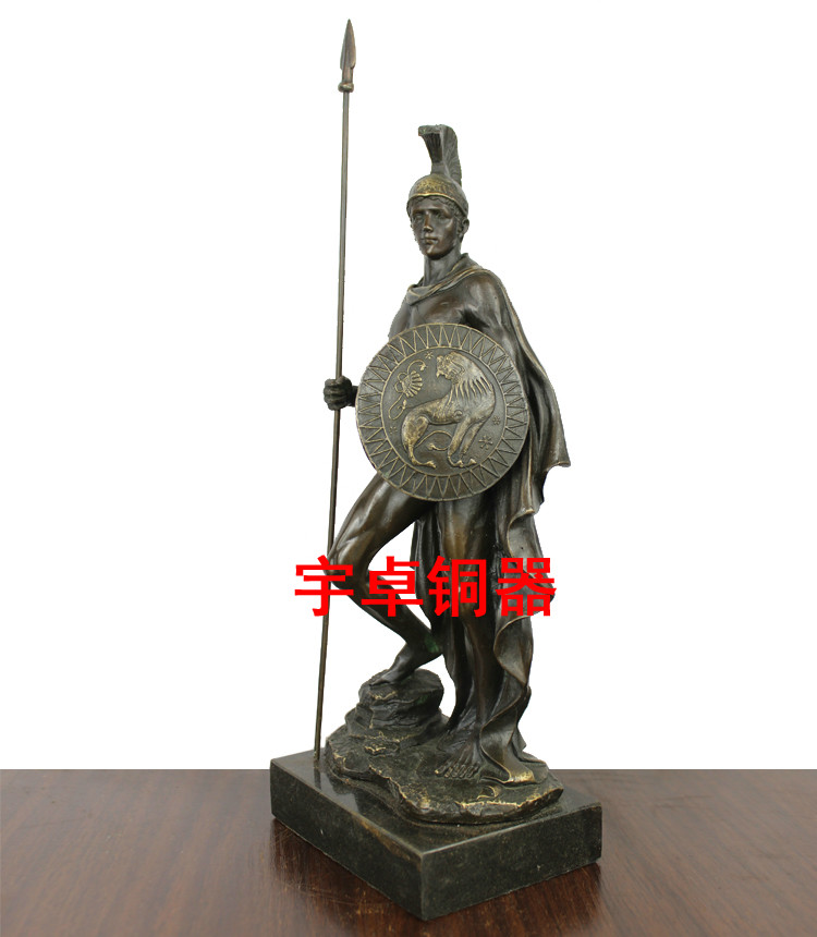 宇卓铜器 西方雕塑黄铜武士 爱力士拿长矛拿盾欧洲战士 欧式摆件