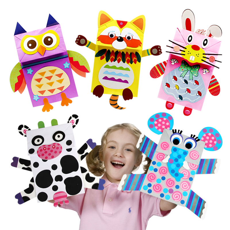 环创纸袋手偶贴画手工创意动物粘贴制作玩具幼儿园儿童节DIY材料