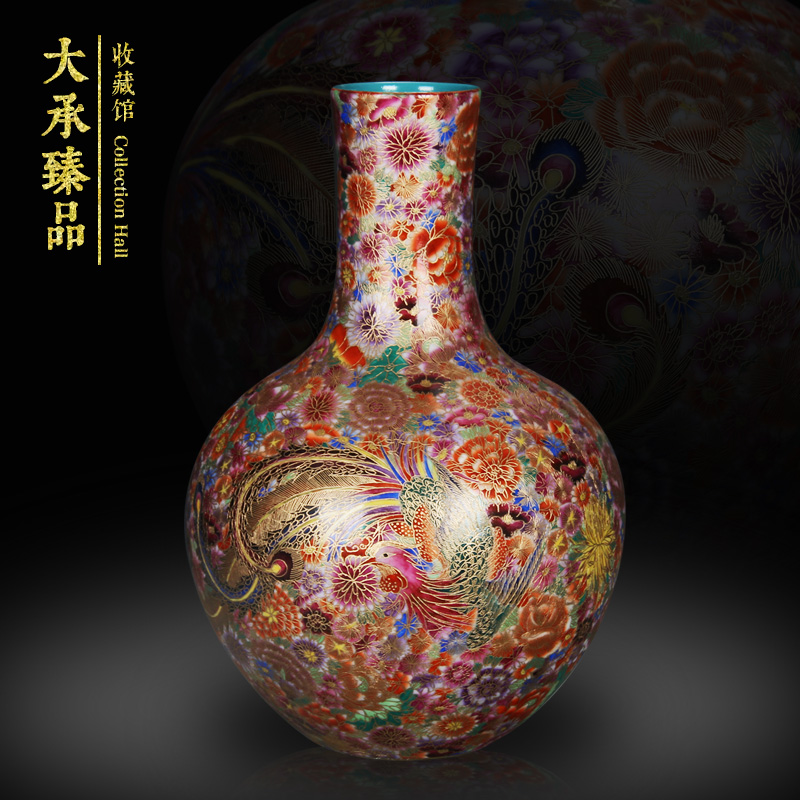 景德镇陶瓷器手绘掐丝珐琅彩万花凤凰天球花瓶中式家居收藏工艺品