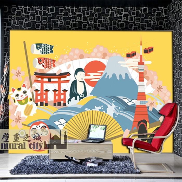 日本元素鲤鱼旗招财猫墙纸日式风格漫画壁纸富士山鸟居壁画背景墙