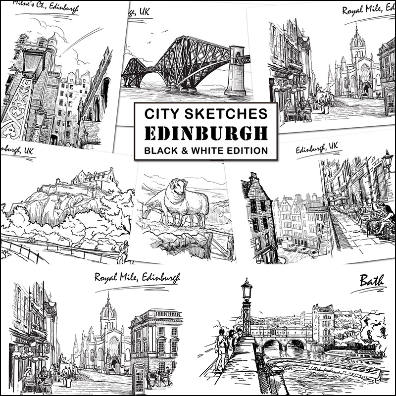 手绘黑白线条线稿英国爱丁堡特色建筑街角街景矢量平面设计素材图