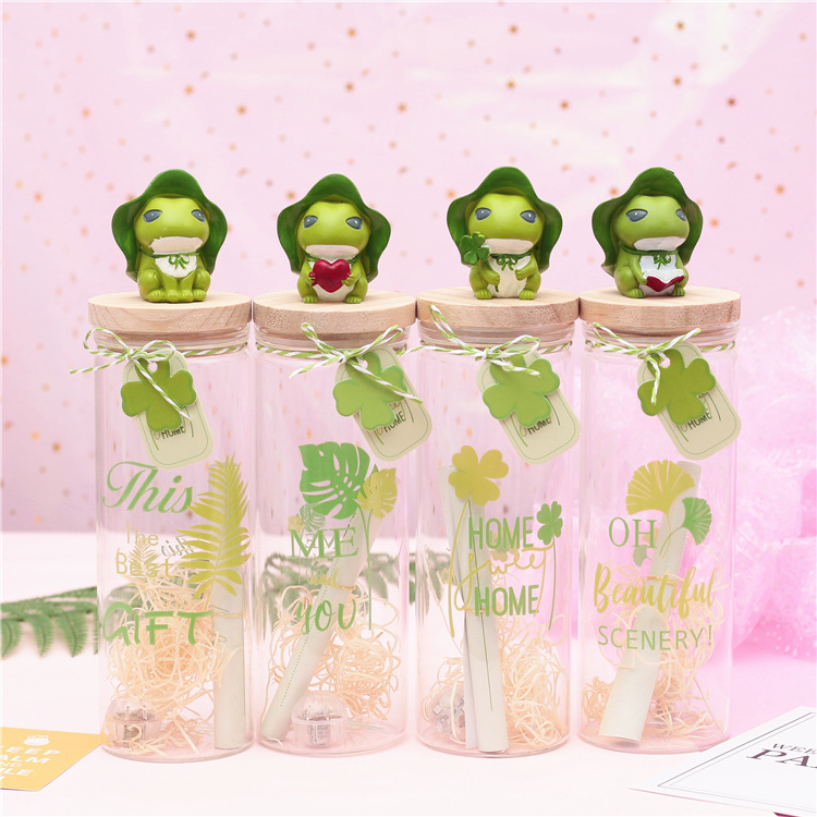 青蛙公仔圆柱形玻璃许愿瓶 送男女朋友礼物 装折纸星星成品小瓶子
