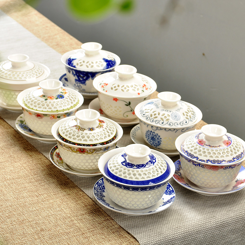 青花瓷玲珑茶具套装蜂窝镂空整套陶瓷功夫茶具茶壶茶杯茶洗盖碗