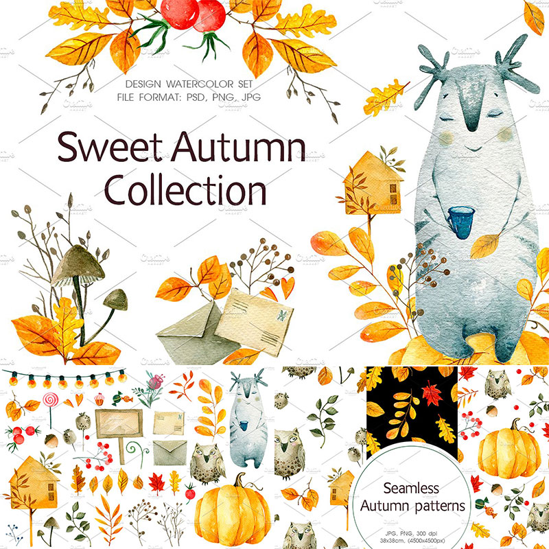 免扣可爱动物秋季叶子手绘水彩花环元素组合拼接图案平面设计素材