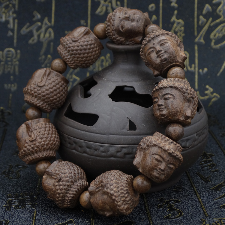 越南沉香木血龙木黑木雕刻貔貅四面佛十八罗汉佛珠手串108颗手链