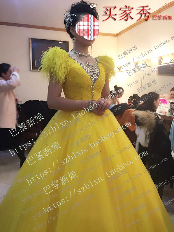 2024黄色包肩短袖立领深V领民族歌唱家音乐会歌唱比赛表演出礼服