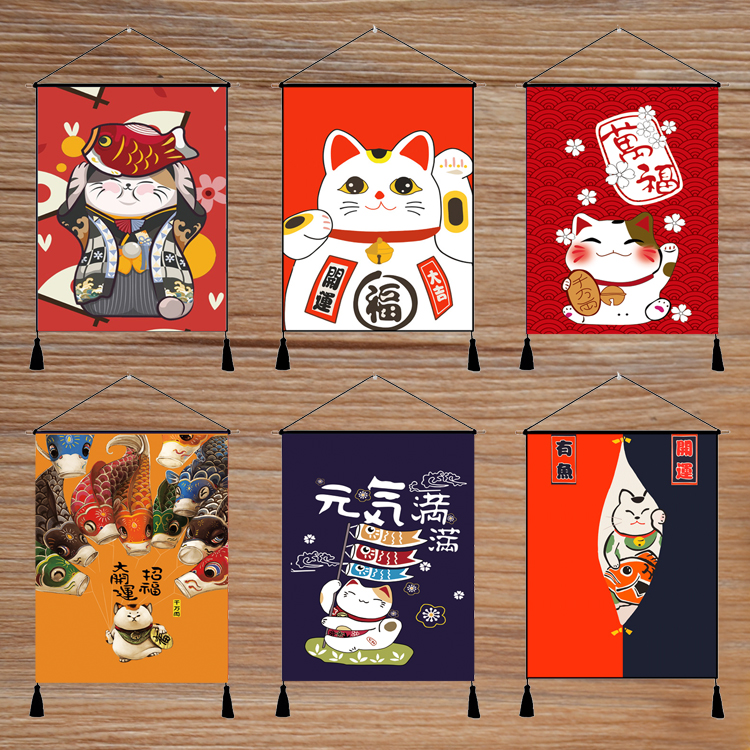 日式风格招财猫装饰画榻榻米挂毯客厅风景画餐厅寿司店料理店挂画