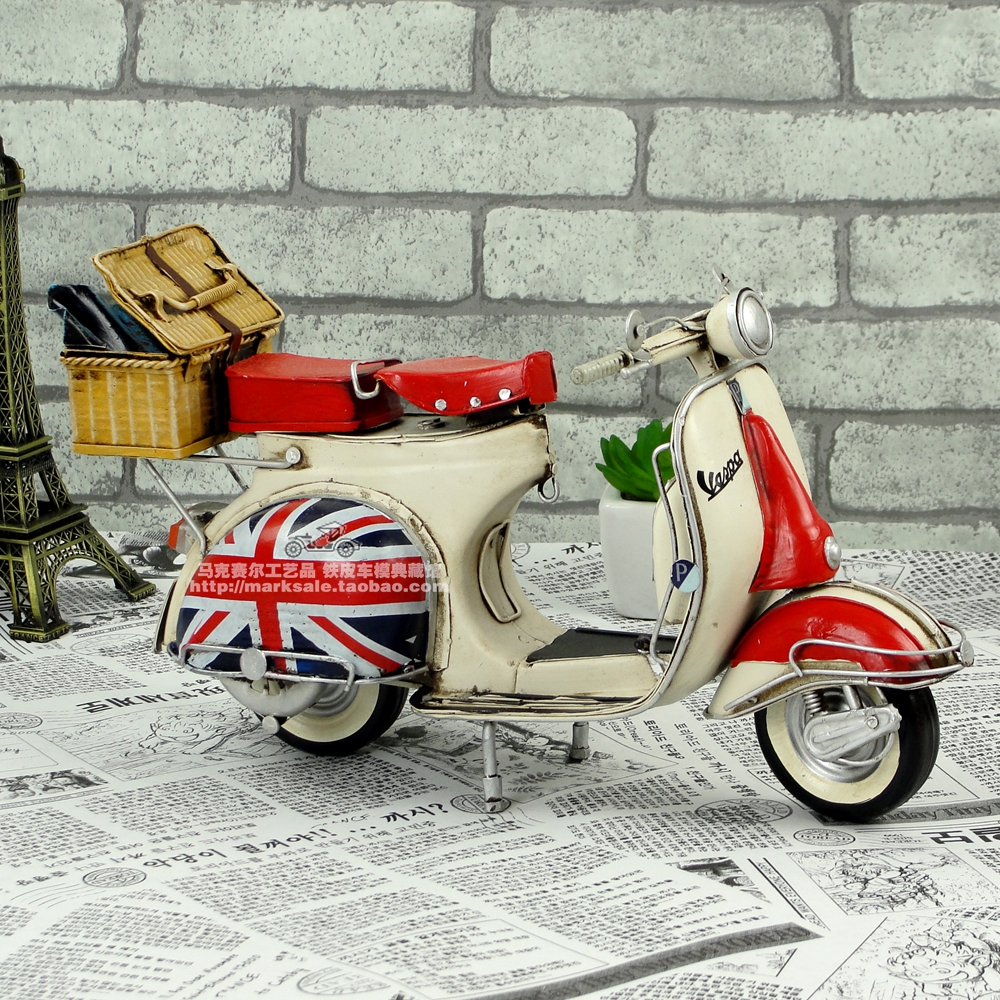 仿古做旧铁艺VESPA摩托车模型摆设工艺品英国米字旗踏板小绵羊