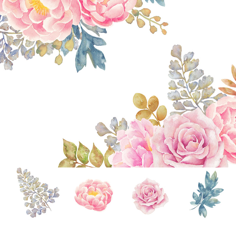 P3小清新手绘水彩玫瑰花卉唯美森林植物花环免扣设计素材PSD文件