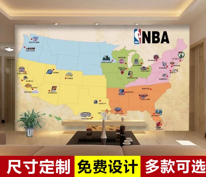 NBA地图篮球馆队徽电视背景墙卧室客厅墙纸NBA勇士队主场地板壁纸