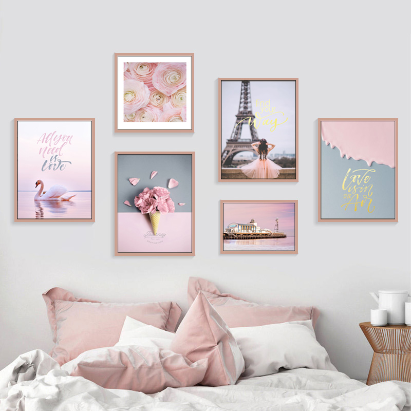 粉色装饰画ins北欧现代简约挂画客厅沙发背景墙卧室床头壁画天鹅