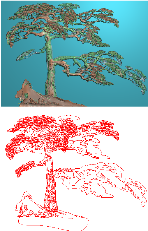 精雕图松树 平面浮雕图迎客松有线条电脑雕刻图 灰度图
