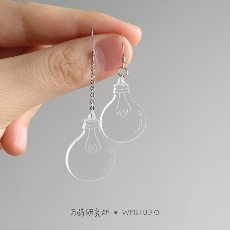 原创透明灯泡趣味个性纯银小众设计不对称一长一短极简耳环饰夹女