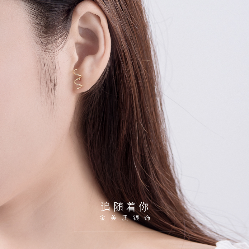 纯银不规则不对称耳钉镀黄金气质韩国个性曲线耳环螺旋耳饰气质女