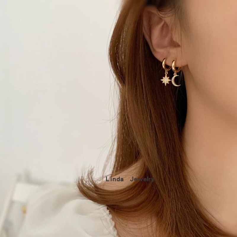 新款925纯银耳环女不对称星月锆石耳圈防过敏气质个性耳饰简约INS
