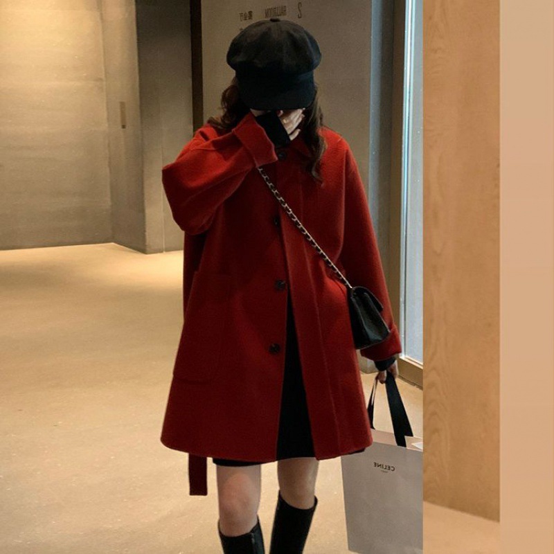 红色高级感呢子大衣2022秋冬装韩系搭配显高小个子毛呢外套女短款