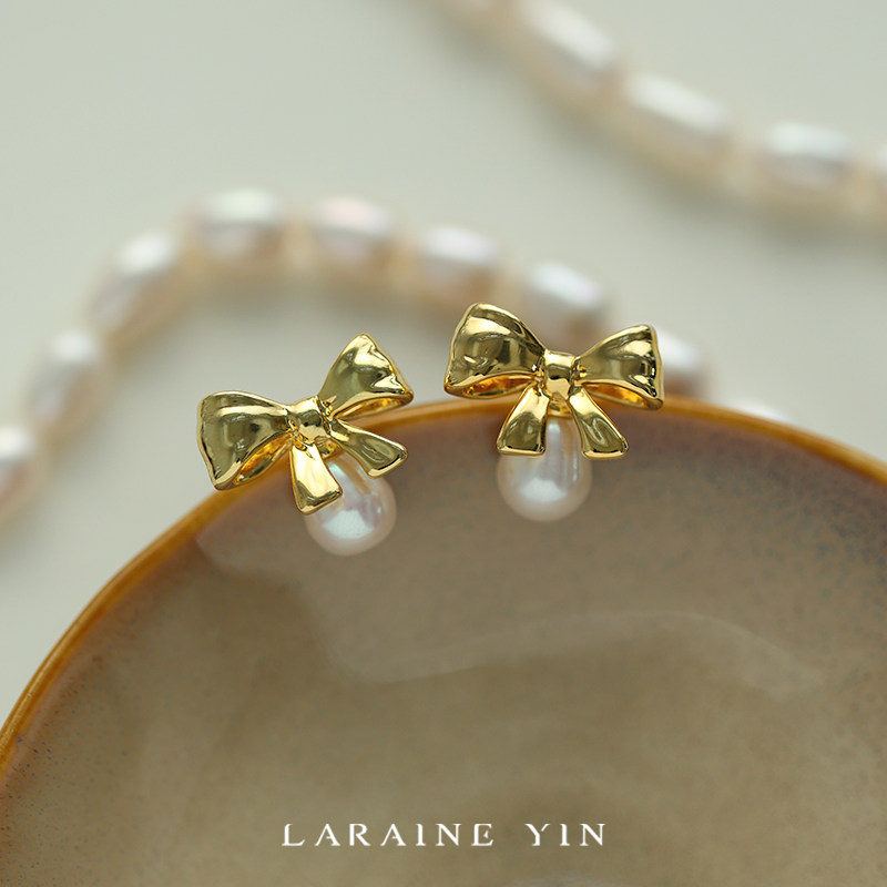 天然淡水珍珠金色立体蝴蝶结氛围耳环s925银针小众设计感耳环