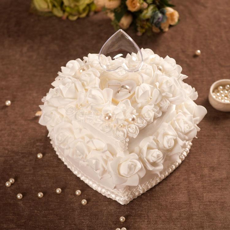 双层蛋糕戒枕 婚礼白色心形欧式婚礼戒枕 创意求婚戒指盒 个性