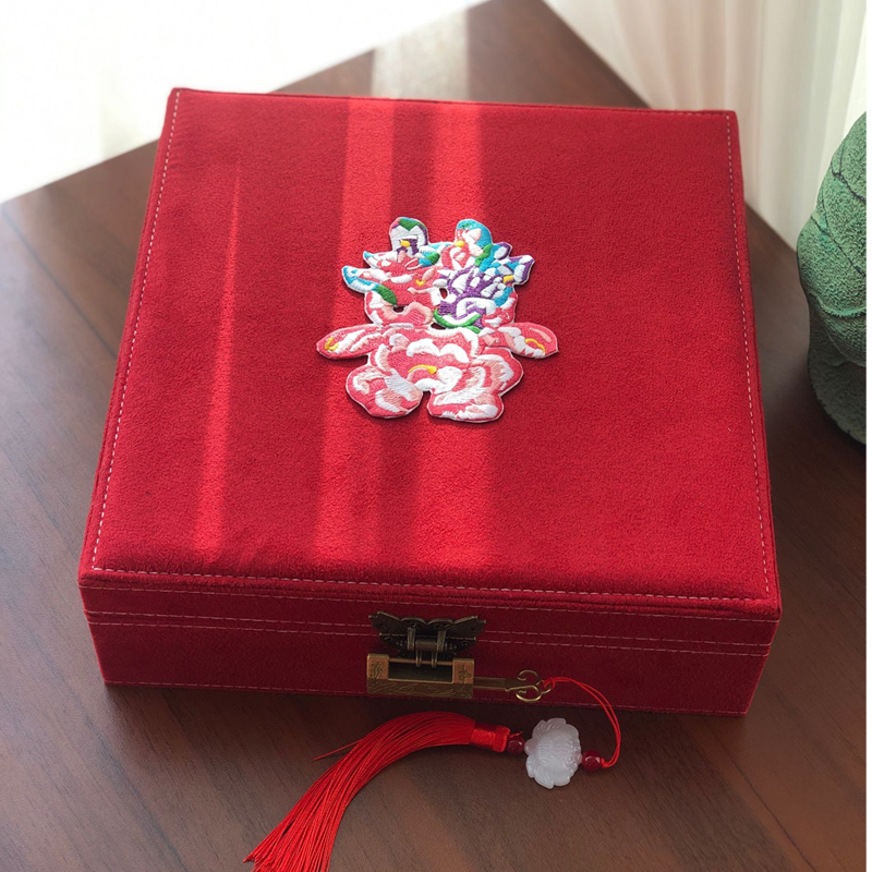 红色婚礼珠宝古锁首饰盒中式结婚戒指项链收纳盒手镯盒双层大容量