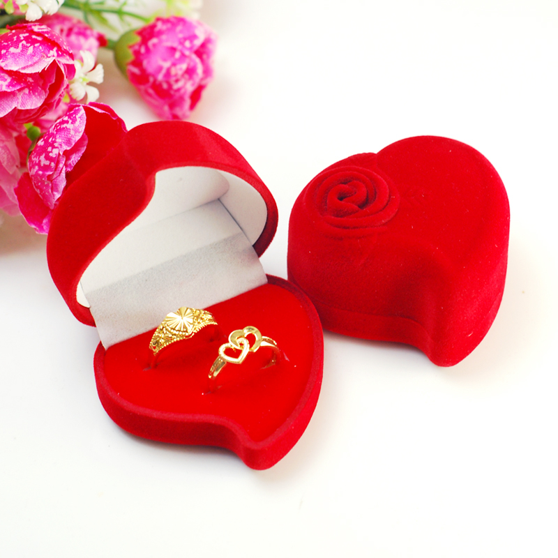 玫瑰心形戒指盒子婚礼仪式对戒小礼盒婚戒收纳包装首饰盒双戒红色