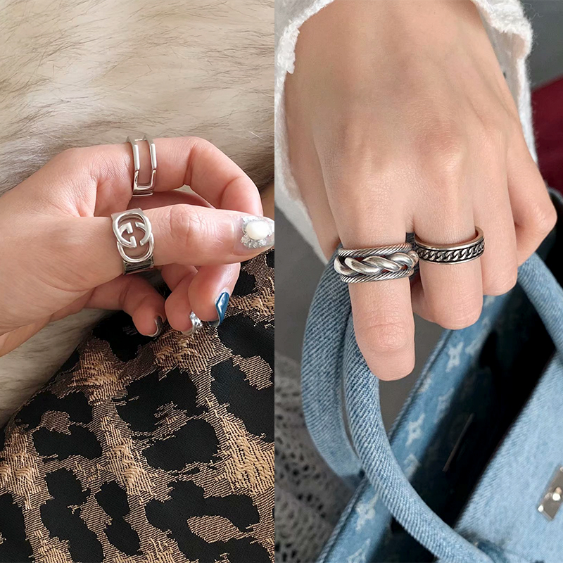 小众设计日韩版潮人纯银S925开口调节复古食指潮时尚个性宽戒指女