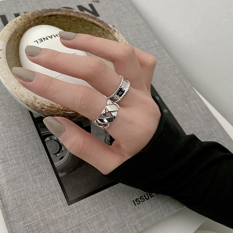 韩版S925纯银时尚个性女戒指编织宽面银指环圆珠字母食指戒指银饰