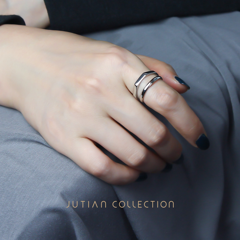 JUTIAN韩版纯银戒指女 时尚 个性潮简约双线条开口食指戒指指环
