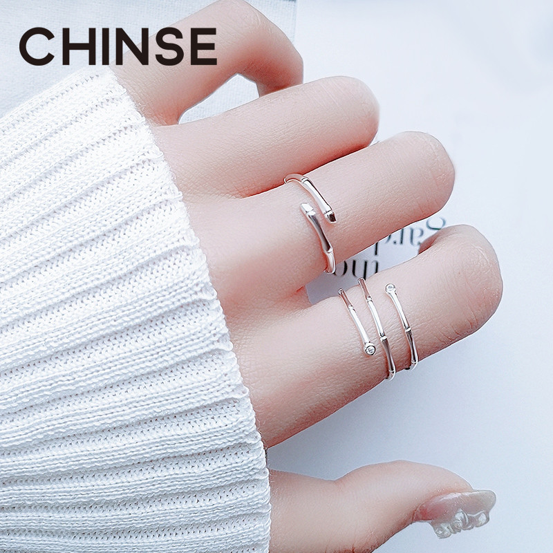 S925纯银组合戒指女日韩版个性森系竹节食指指环时尚气质纤细女款