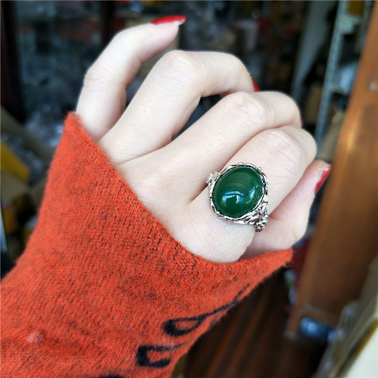 925纯银绿玉髓玛瑙活口气质镂空花纹个性时尚韩版夸张食指戒指女