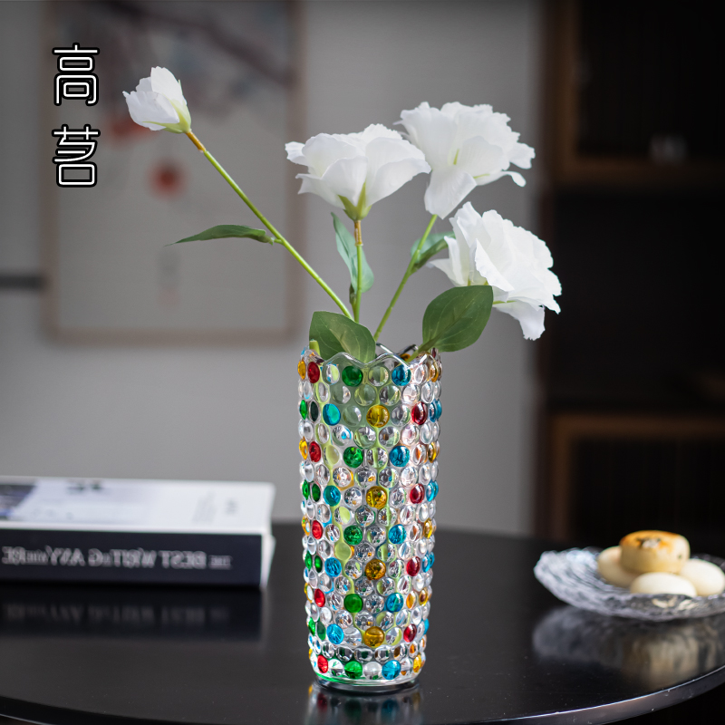日式玻璃花瓶手绘彩色圆点客厅水培插花装饰轻奢餐桌水晶花道摆件